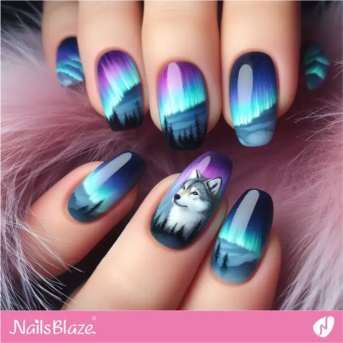 Arctic Wolf on Aurora Nails | Polar Wonders Nails - NB3147